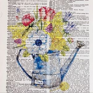 Dictionary Art Print, Spring Flower Watering Can, Vintage Art Print